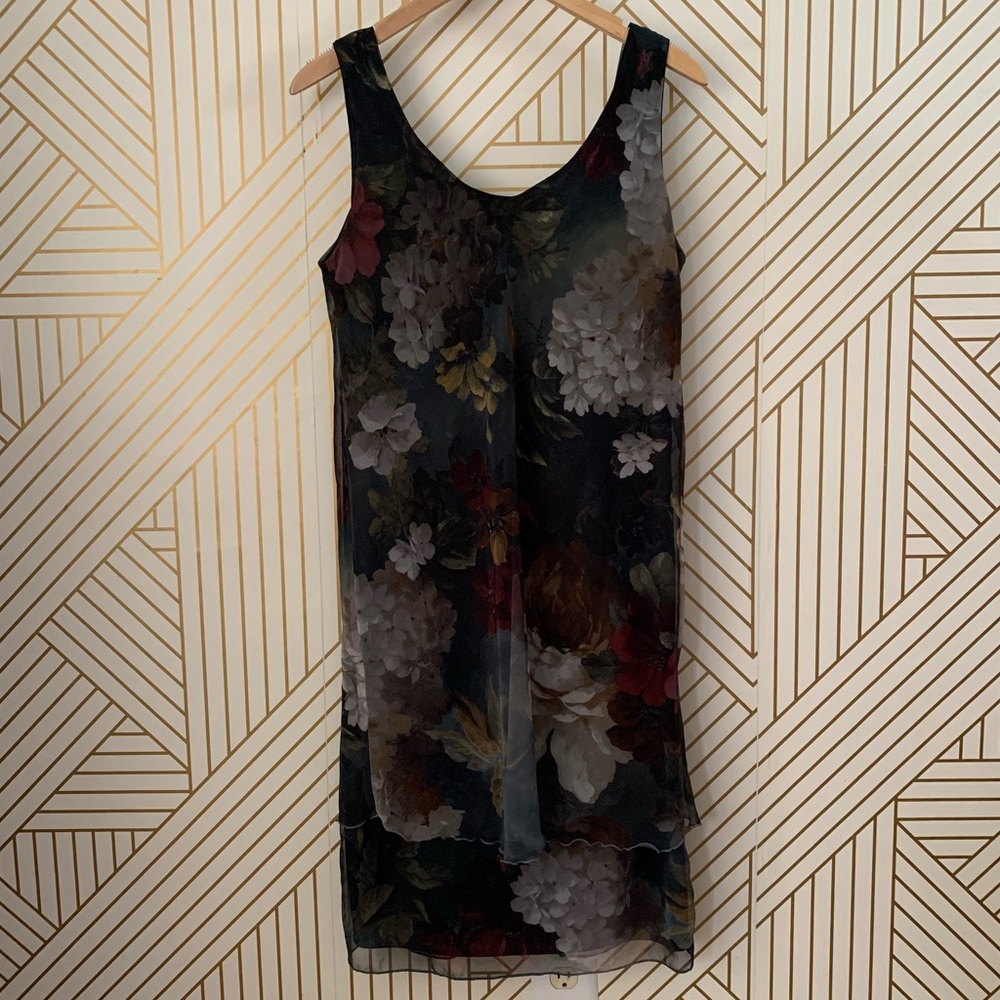 Jeffrey & Dara Evening by Tom Barra floral sleeveless overlay tiered dress 10